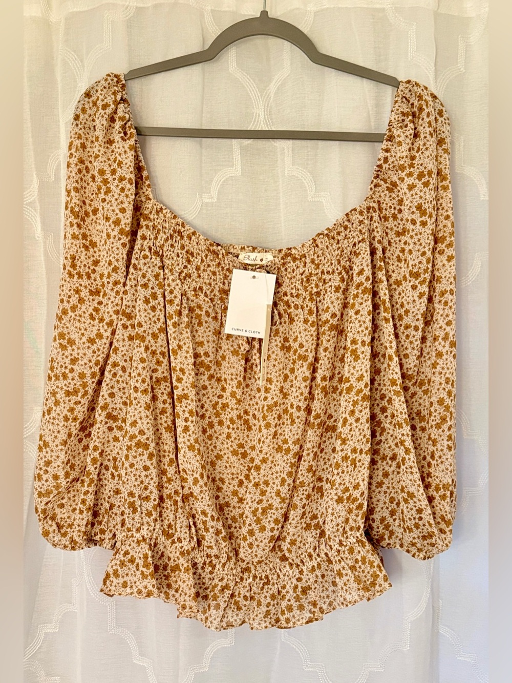 NWT blush J Cream & Rust Floral Square-Neck Smocked Semi Sheer Peasant Top 3X